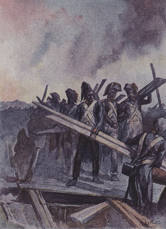 Ranskalaiset sotilaat rakentamassa ponttonisiltaa Arcolen taistelussa Italiassa 1796. tekijältä after Henri Georges Jacques Chartier