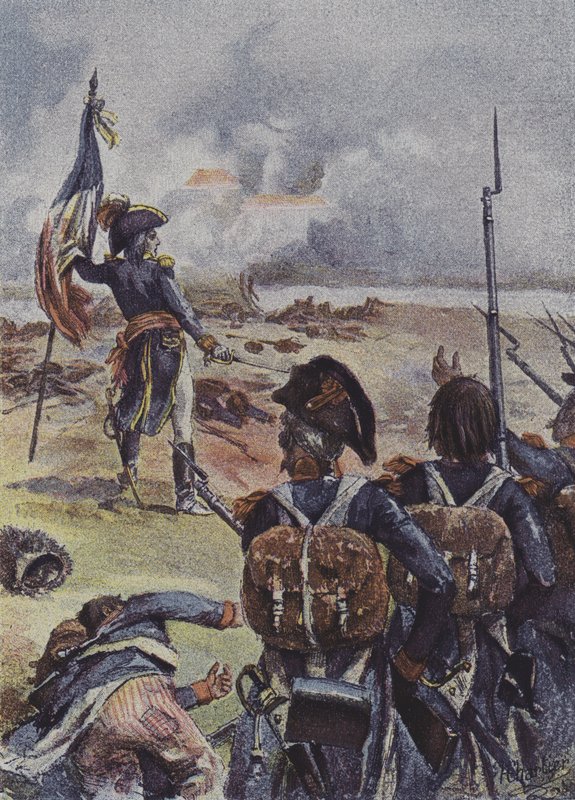 Kenraali Augereau istuttaa 99. rykmentin 1. pataljoonan lipun linjojensa eteen Arcolen taistelussa Italiassa 1796. tekijältä after Henri Georges Jacques Chartier
