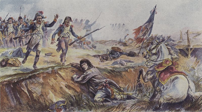Napoleon heitetään hevosen selästä Arcolen taistelussa Italiassa vuonna 1796. tekijältä after Henri Georges Jacques Chartier