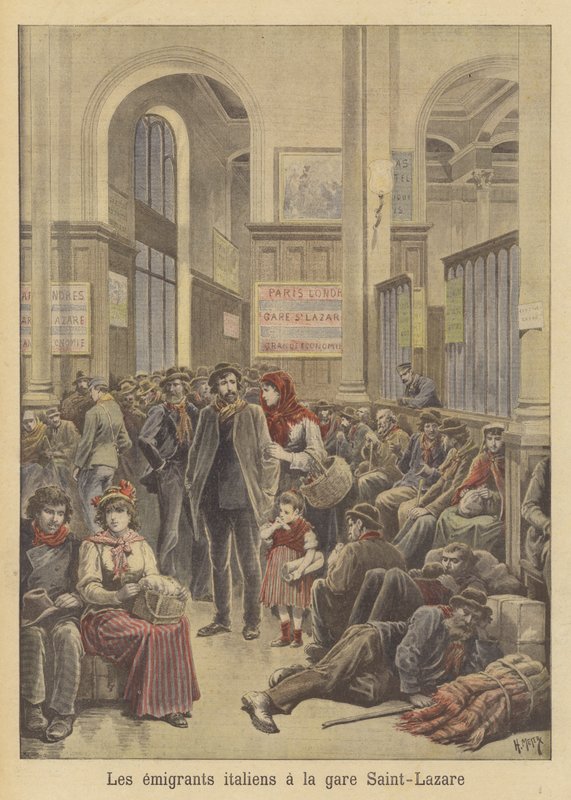 Italialaiset siirtolaiset Amerikkaan Gare Saint-Lazaressa tekijältä after Henri Meyer