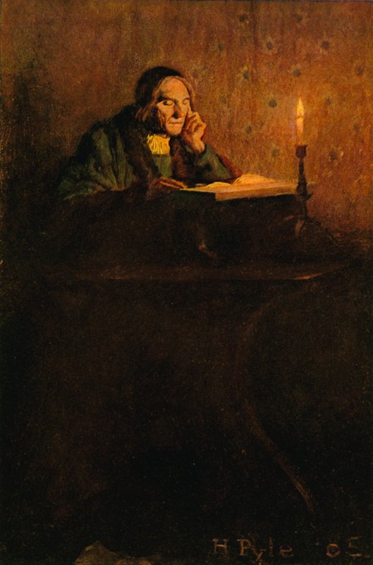 Siisti ja kutistunut herrasmies istui pöydän ääressä tekijältä after Howard Pyle