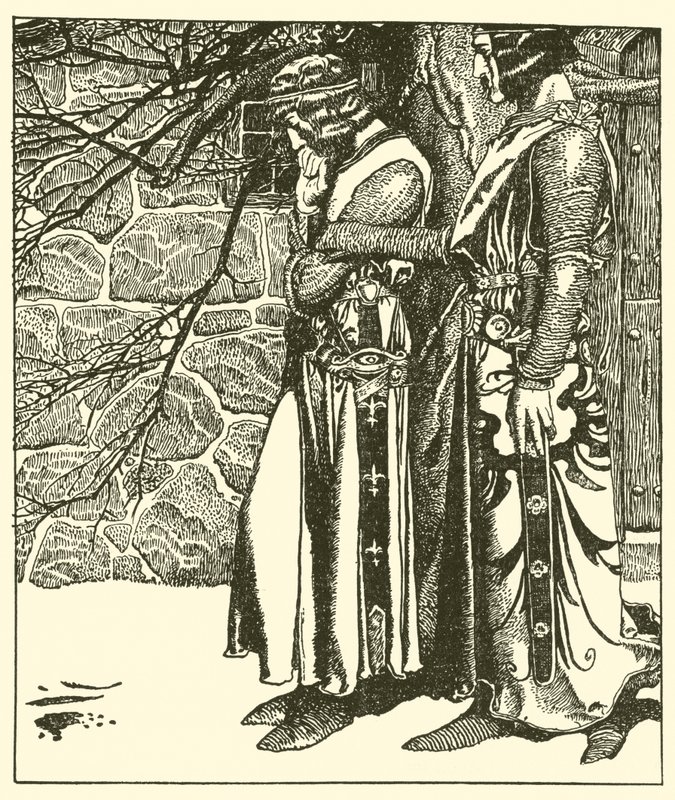 Sir Kay keskeyttää Sir Percivalin meditaatiot tekijältä after Howard Pyle