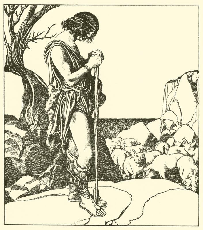 Sir Lamorack paimentaa Sir Nabonin sikoja tekijältä after Howard Pyle