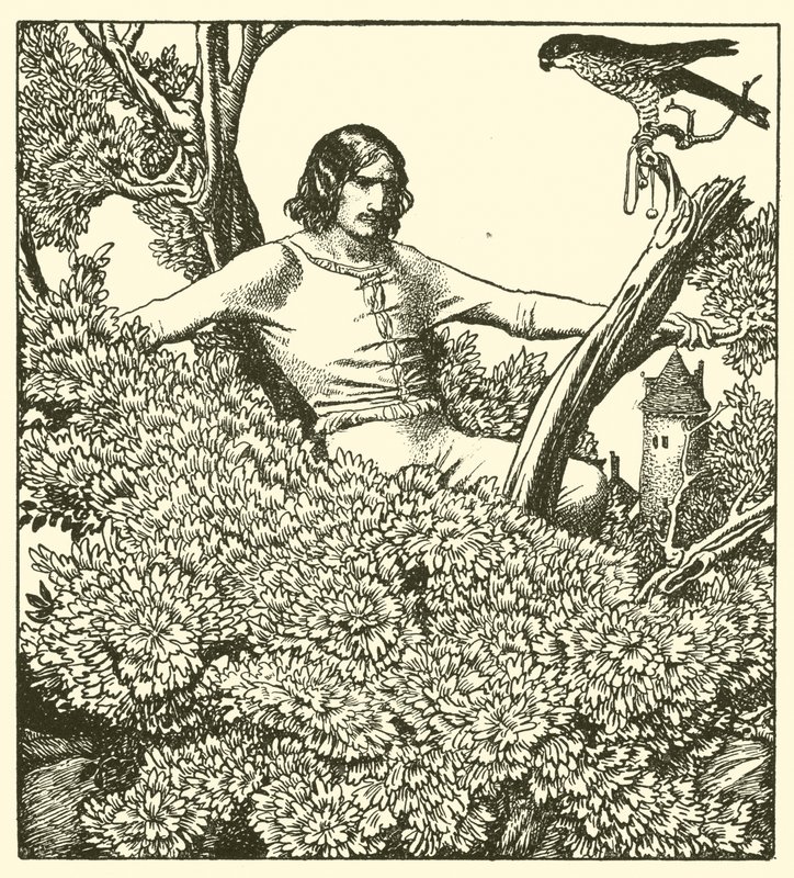 Sir Launcelot kiipeää nappaamaan naisen haukkaa tekijältä after Howard Pyle