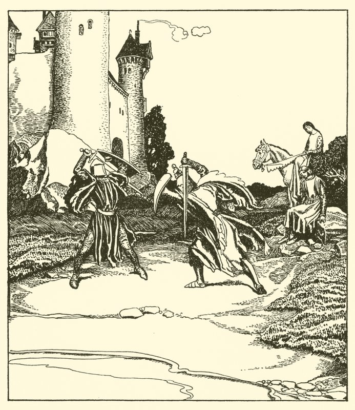Sir Launcelot taistelee Sir Turquinen kanssa tekijältä after Howard Pyle