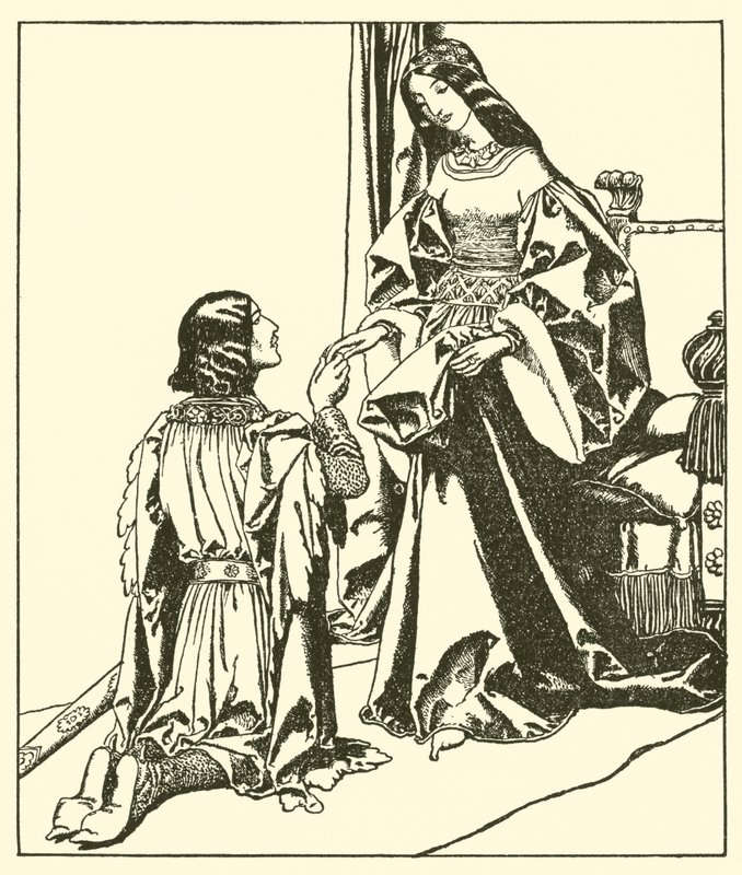 Sir Launcelot tervehtii kuningatar Guineverea tekijältä after Howard Pyle