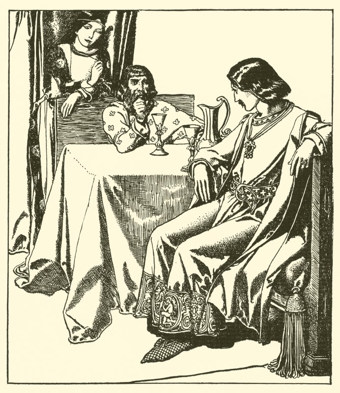 Sir Launcelot istuu Sir Hilairen ja Croisetten kanssa tekijältä after Howard Pyle