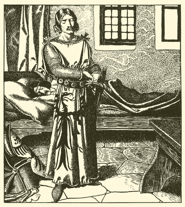 Sir Launcelot ottaa Sir Kayn panssarin tekijältä after Howard Pyle