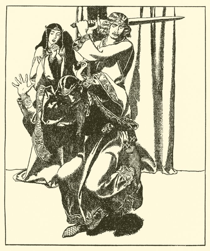 Sir Tristram hyökkää kuningas Markuksen kimppuun tekijältä after Howard Pyle