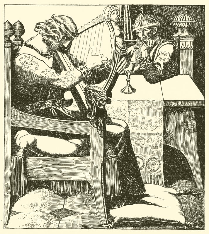 Sir Tristram harpetoi kuningas Markuksen edessä tekijältä after Howard Pyle