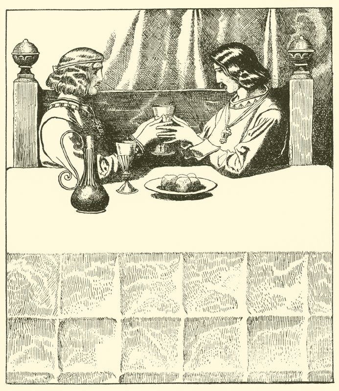 Sir Tristram istuu Sir Launcelotin kanssa tekijältä after Howard Pyle