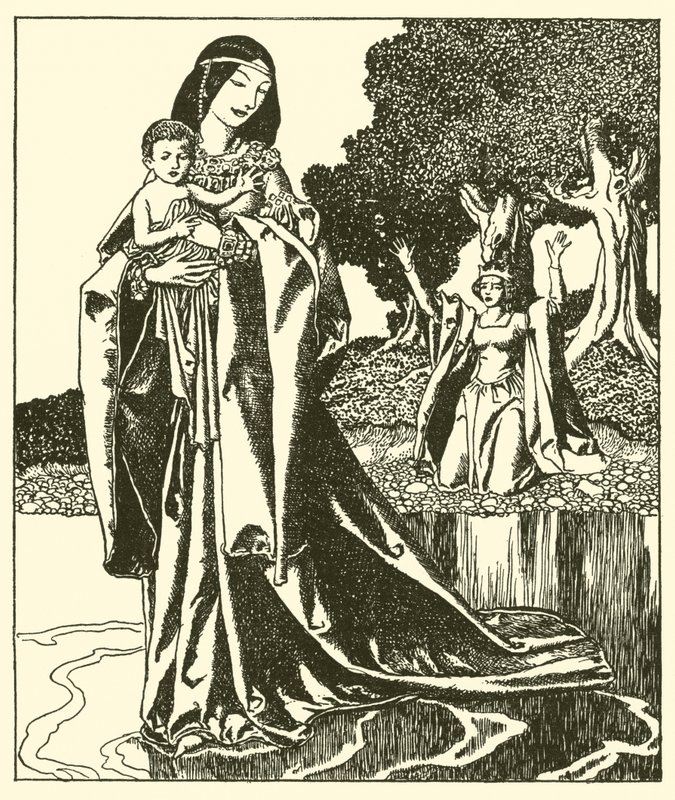 Lady Nymue kantaa Launcelotin järveen tekijältä after Howard Pyle