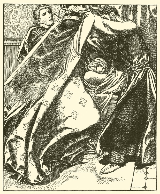 Irlannin kuningatar yrittää tappaa Sir Tristramin tekijältä after Howard Pyle