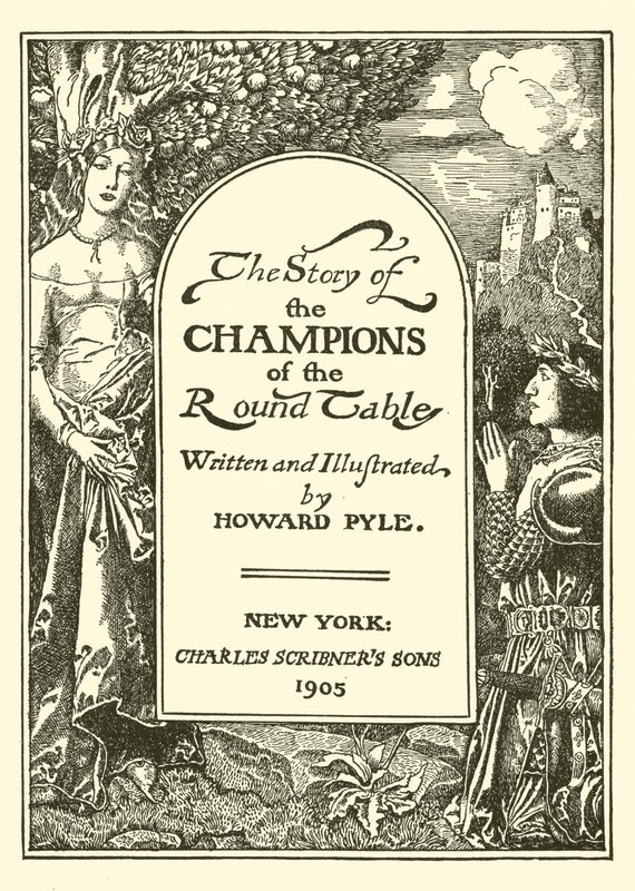 Pyöreän pöydän mestareiden tarinan otsikkosivu tekijältä after Howard Pyle