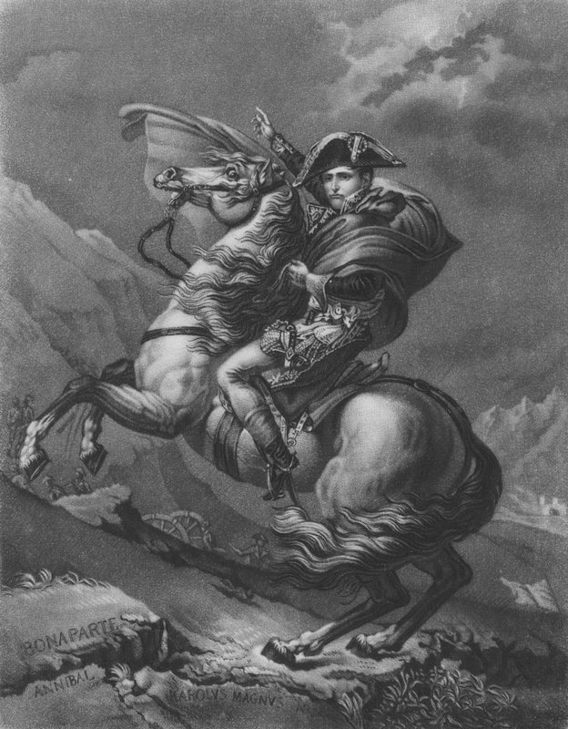 Napoleon Bonaparte ylittää Alpit tekijältä after Jacques Louis David