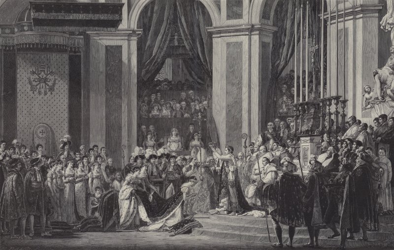 Napoleonin kruunajaiset Ranskan keisariksi Notre Dame de Parisissa, 1804. tekijältä after Jacques Louis David
