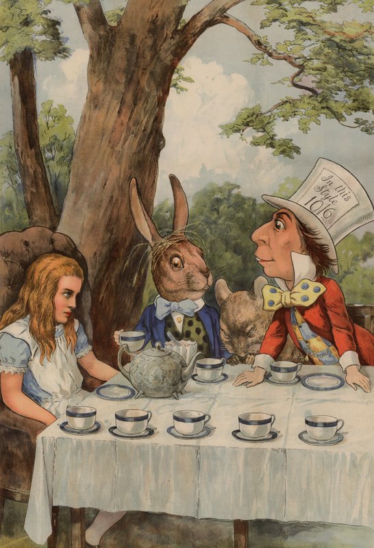 Liisa Ihmemaassa The Mad Hatters -teekutsut kuvaava juliste tekijältä after John Tenniel