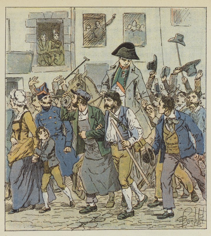 Palattuaan Elbasta keisari otettiin vastaan ​​Faubourg Saint-Antoinen kaupungissa vertaansa vailla olevalla innostuksella. tekijältä after Louis Charles Bombled