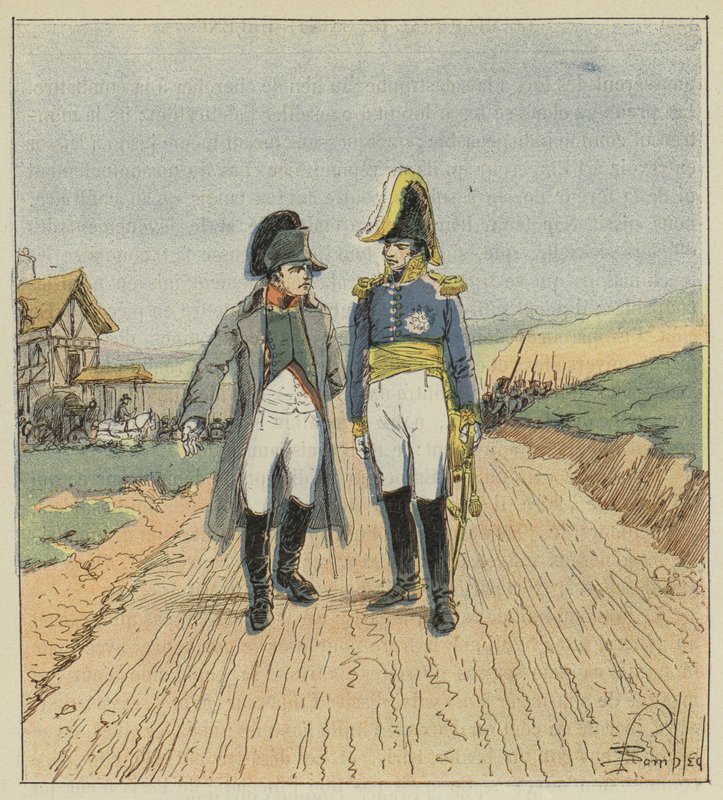 Menessään Elban saarelle Napoleon tapaa Augereaun tekijältä after Louis Charles Bombled