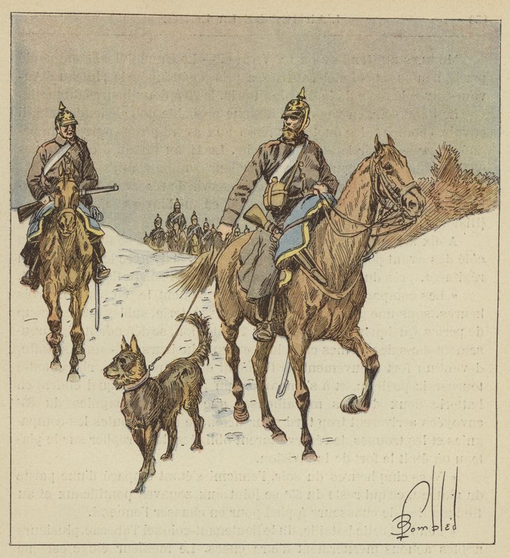 Preussin ratsastajat tiedustelussa, hihnassa pidettyjen koirien edeltäjät tekijältä after Louis Charles Bombled