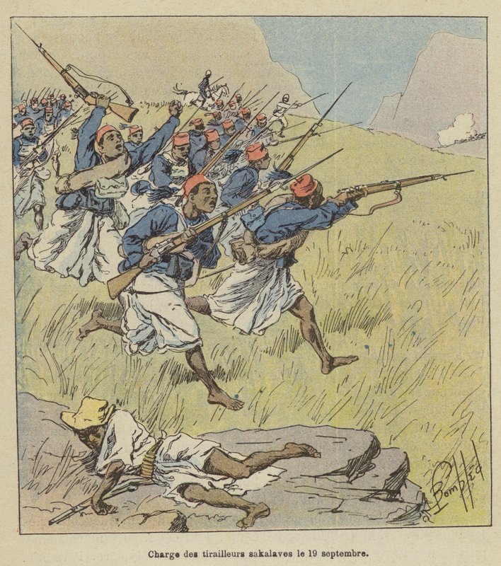 Sakalavilaisten kahakkaiden hyökkäys 19. syyskuuta tekijältä after Louis Charles Bombled