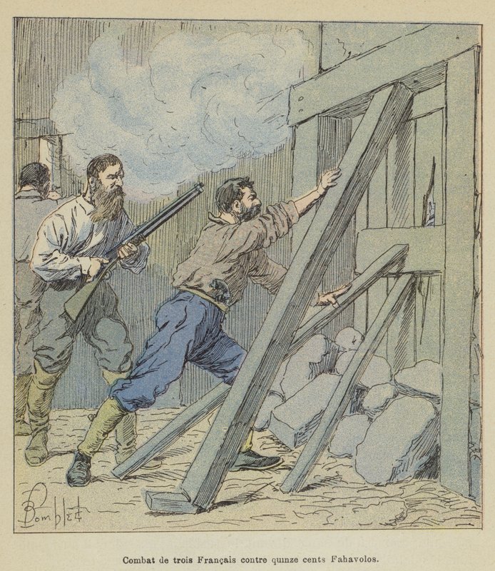Kolmen ranskalaisen taistelu 1500 Fahavoloa vastaan tekijältä after Louis Charles Bombled