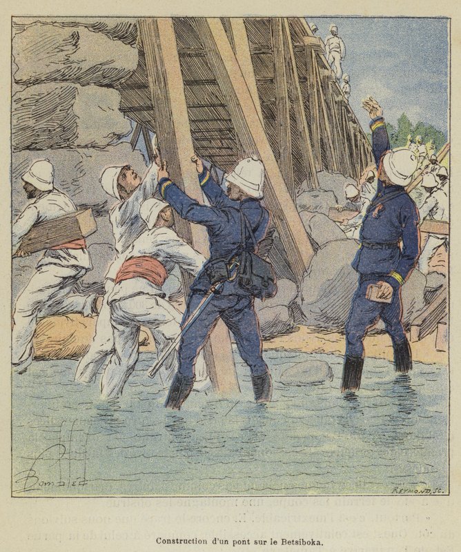 Sillan rakentaminen Betsibokaan tekijältä after Louis Charles Bombled
