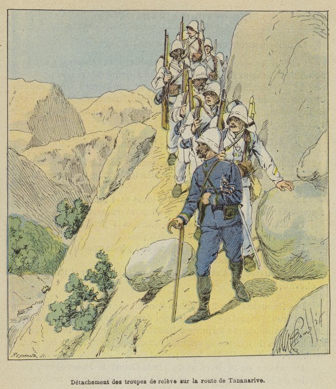 Avustusjoukkojen erottaminen Antananarivon tiellä tekijältä after Louis Charles Bombled