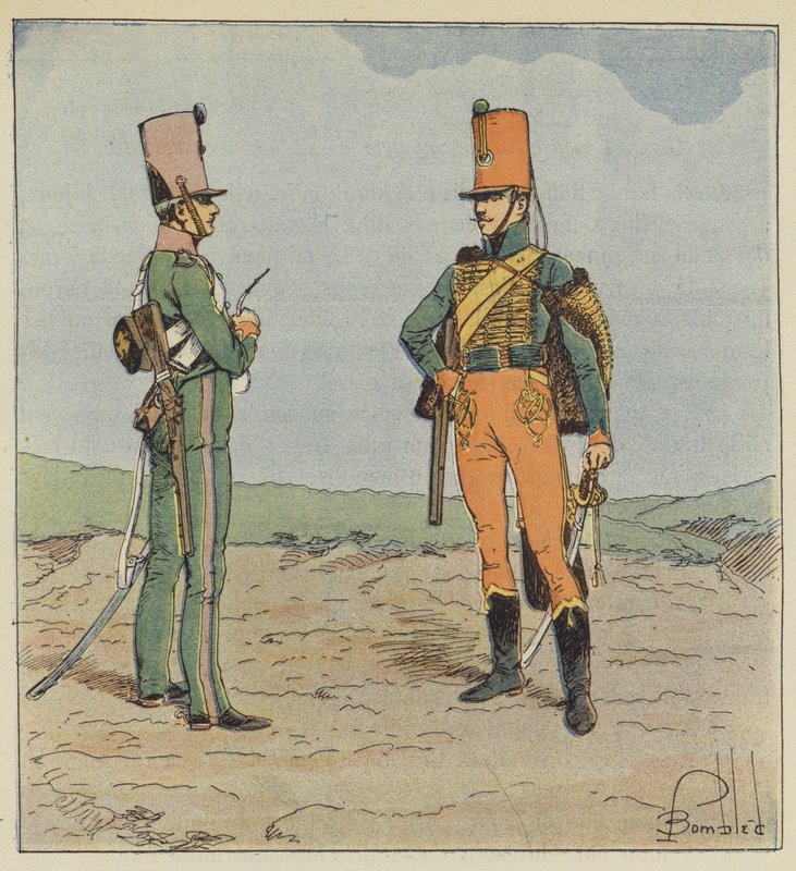 Partio ja metsästäjä hevosen selässä, nuori vartija 1813-1815 tekijältä after Louis Charles Bombled