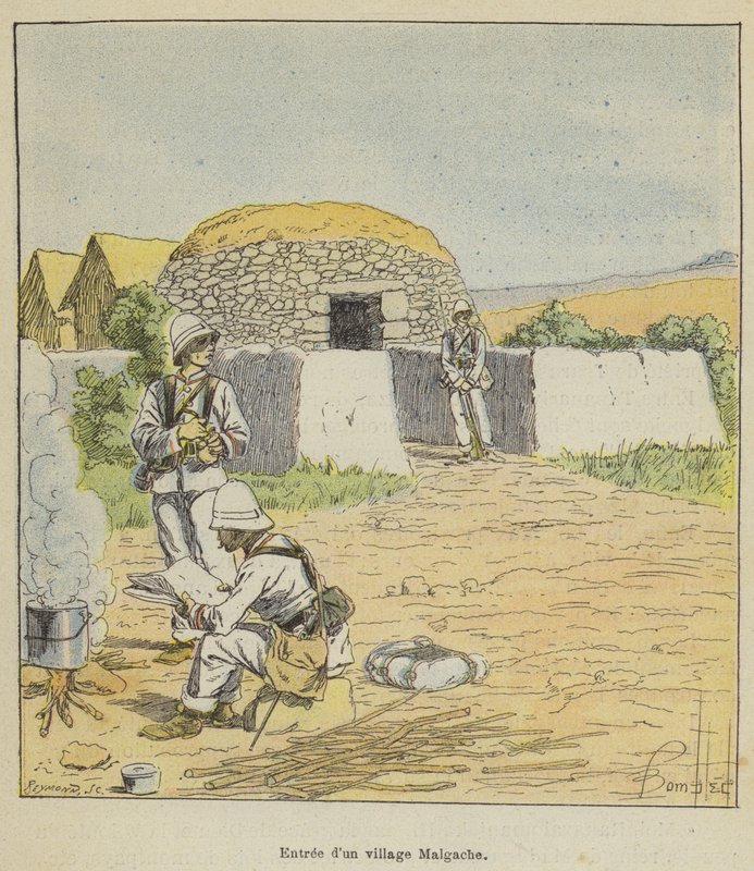 Sisäänkäynti Madagaskarin kylään tekijältä after Louis Charles Bombled