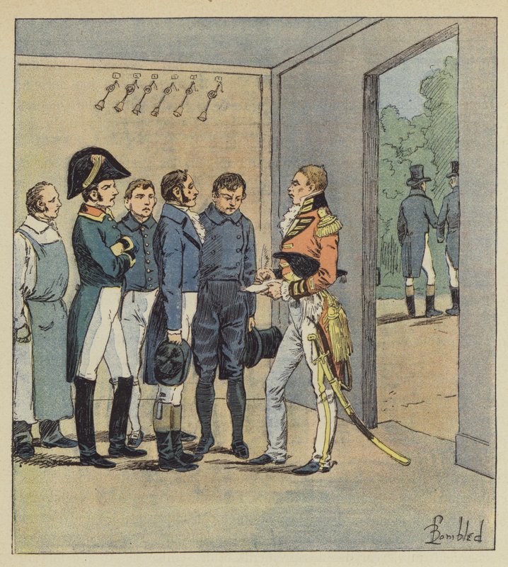 Hudson Lowe haastattelee Napoleonin palvelijoita tekijältä after Louis Charles Bombled