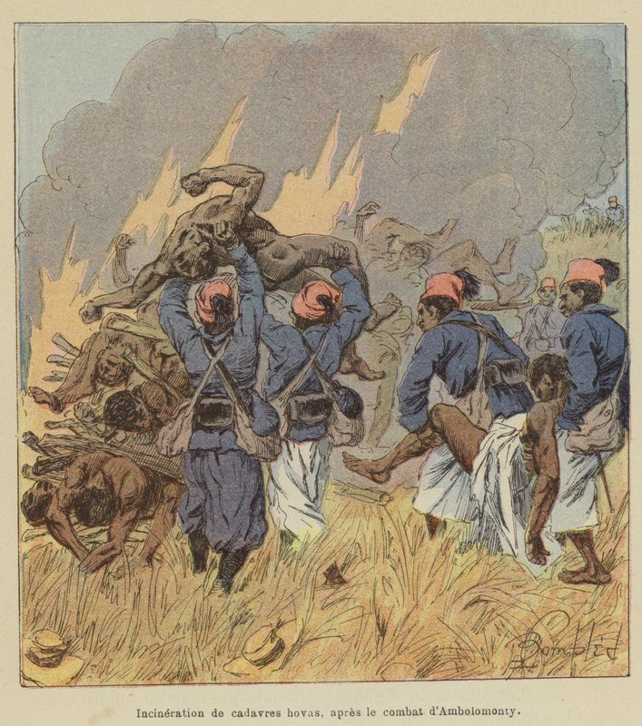 Hovan ruumiiden poltto Ambolomontyn taistelun jälkeen tekijältä after Louis Charles Bombled