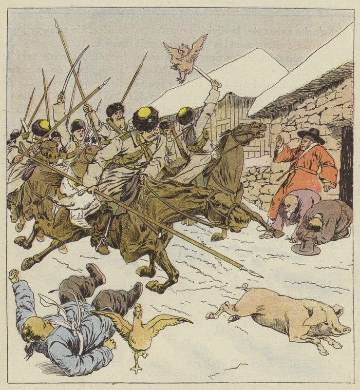 Kasakat ryntäsivät kylään tekijältä after Louis Charles Bombled