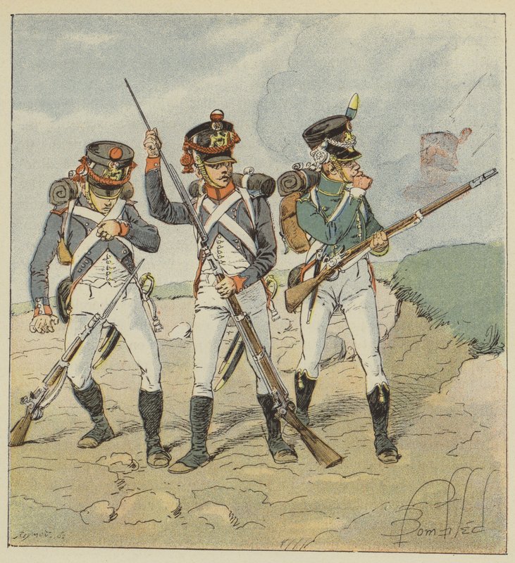 Nuori vartija, 1806, varusmies-lestarit, Tirailleur-lenaatieri, laippa-metsästäjä tekijältä after Louis Charles Bombled