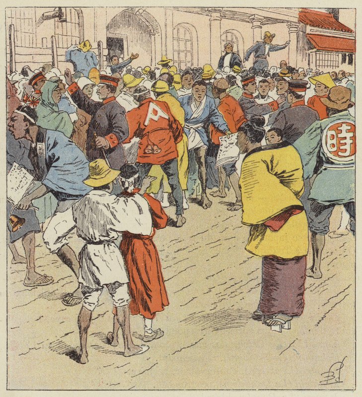 Väkijoukko odottaa sodan uutisia Figi-Hummon edessä tekijältä after Louis Charles Bombled