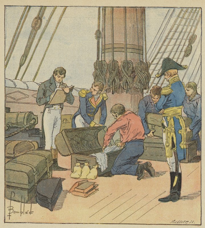 Englantilainen Lamiraut inventoi Napoleonin matkatavarat tekijältä after Louis Charles Bombled