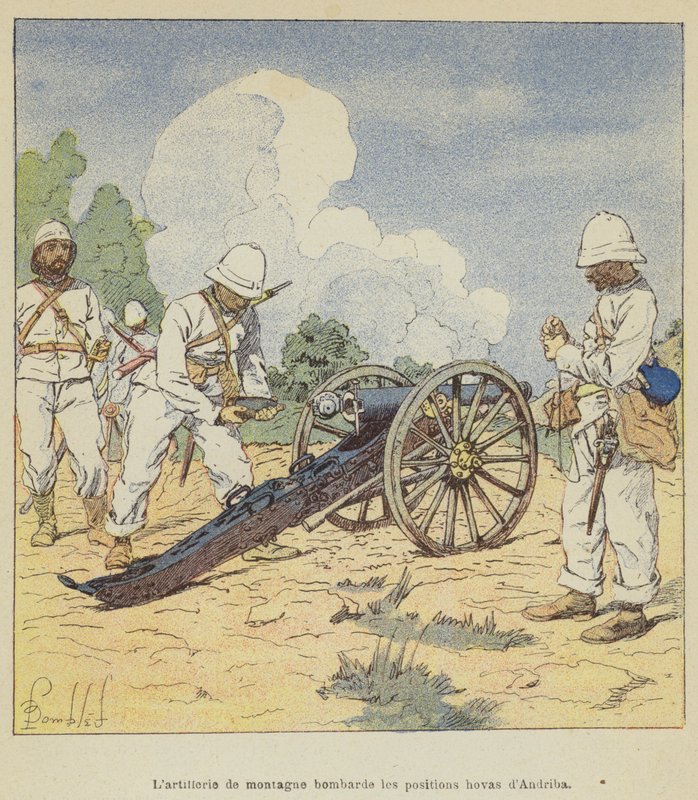 Vuoristotykistö pommittaa hova-asemia Andribassa tekijältä after Louis Charles Bombled