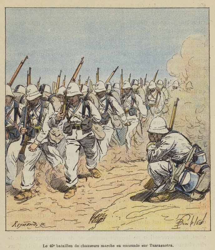 40. metsästäjäpataljoona marssii ryhmässä Tsarasaotralle tekijältä after Louis Charles Bombled