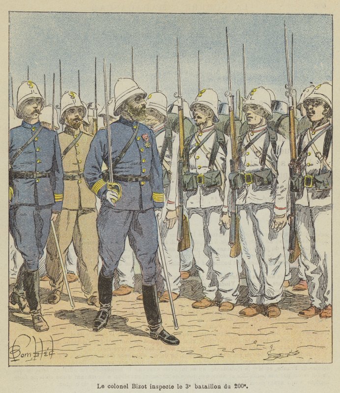 Eversti Bizot tarkastaa 200. pataljoonan tekijältä after Louis Charles Bombled