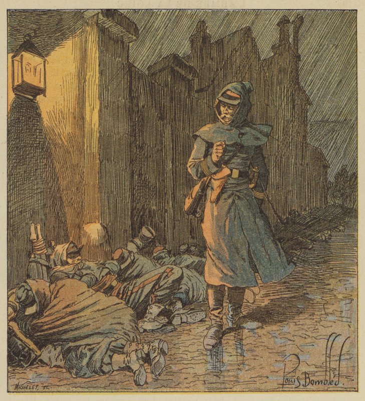 Eversti de Bourgoing kävelee Cerdonin kaduilla, missä hänen sotilainsa nukkuvat sateessa tekijältä after Louis Charles Bombled