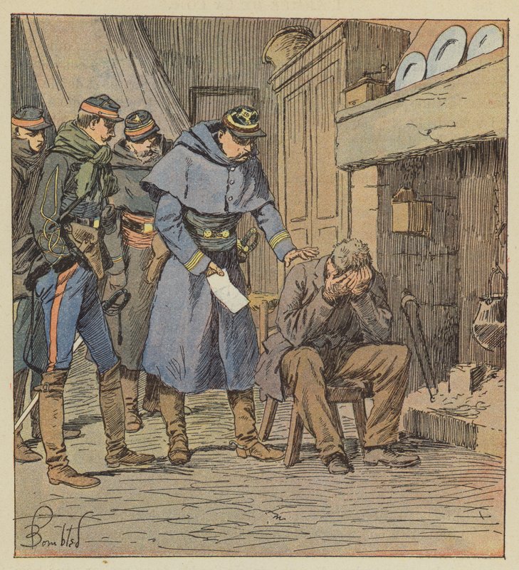 Komentaja Safflet antaa viljelijälle Blanchetille 875 frangin kupongin ruumiin kassalla. tekijältä after Louis Charles Bombled