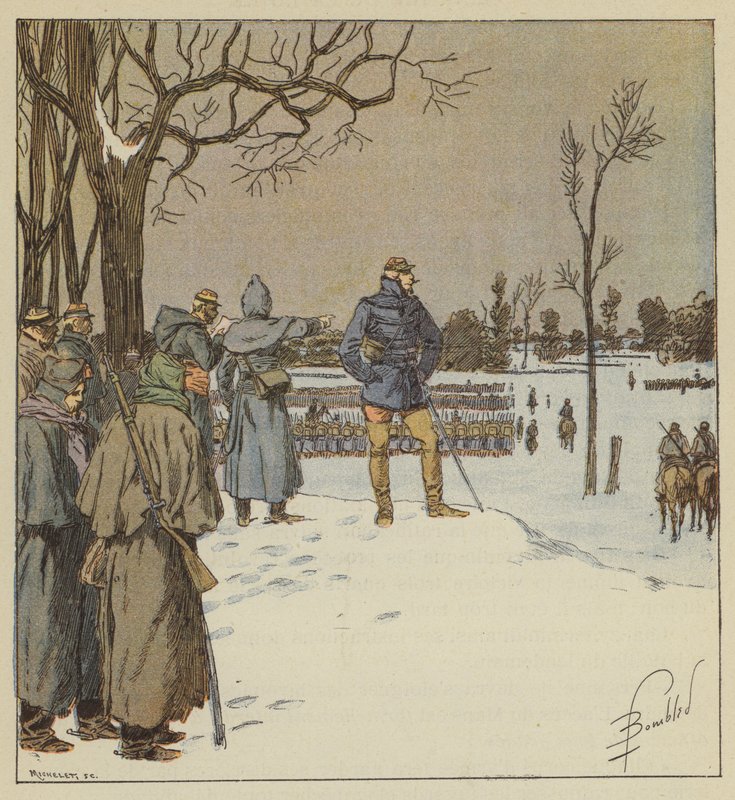 Kenraali Chanzy ylittää asemien rintaman 11. tammikuuta ennen taistelua tekijältä after Louis Charles Bombled