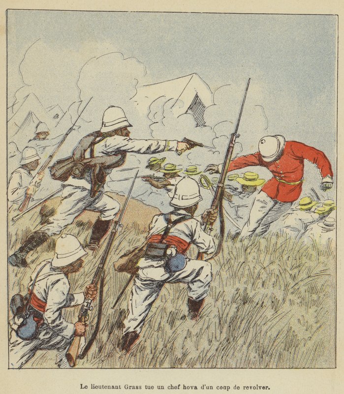 Luutnantti Grass tappaa Hova-päällikön pistoolin laukauksella tekijältä after Louis Charles Bombled