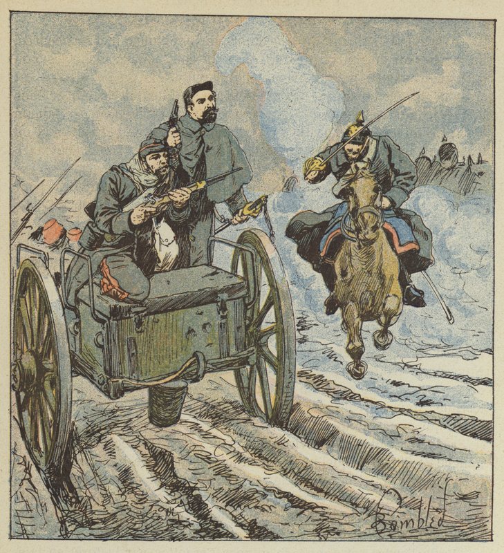 Marechal des Logis Dufresne puolustaa itseään revolverilaukauksilla Preussin ratsumiehiä vastaan tekijältä after Louis Charles Bombled