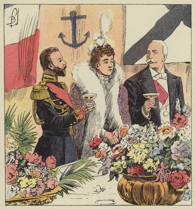Tsaari Nikolai II julistaa Ranskan ja Venäjän liiton Pothuau-aluksella tekijältä after Louis Charles Bombled