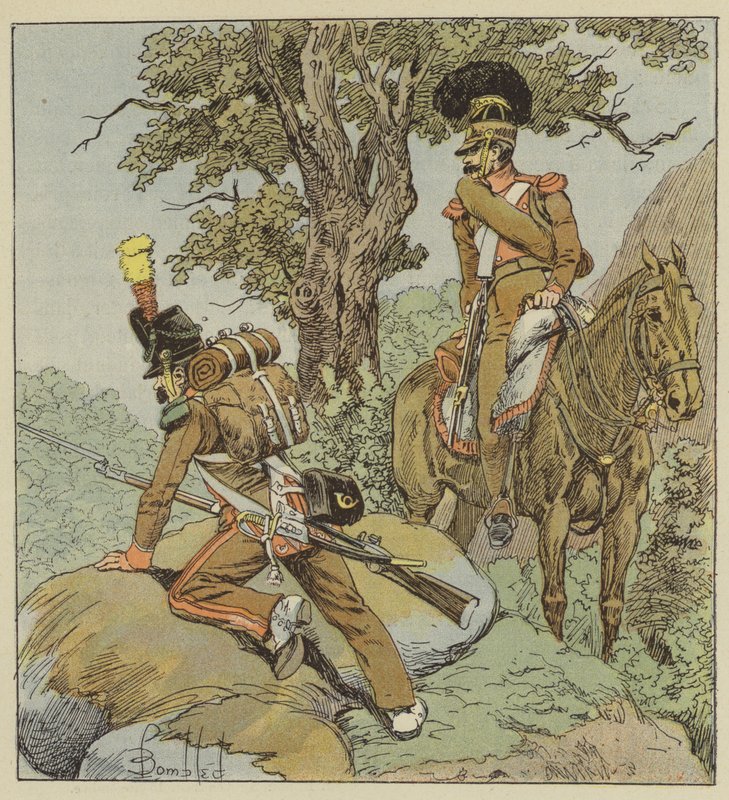 Portugalin legioona, jalkaväki, metsästäjät, ratsuväki, metsästäjät hevosen selässä tekijältä after Louis Charles Bombled