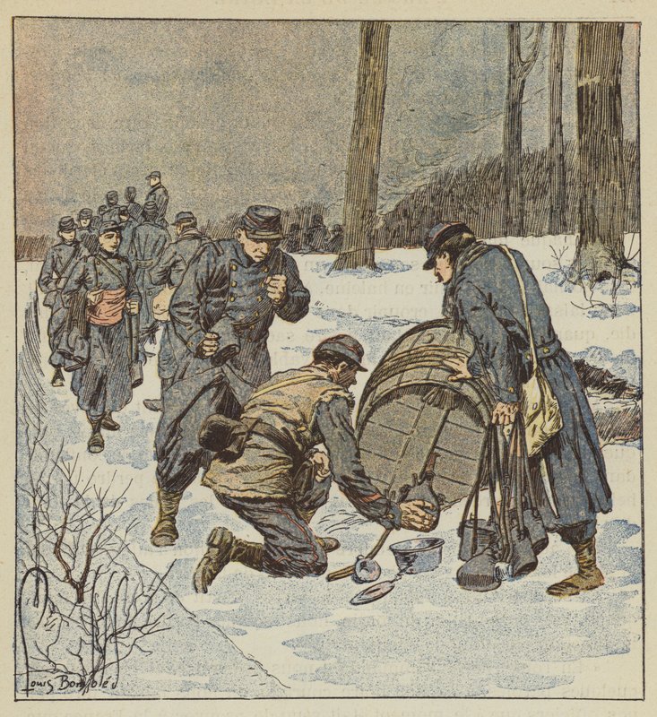 Merisotilaat täyttävät tynnyritölkkinsä rommilla tekijältä after Louis Charles Bombled