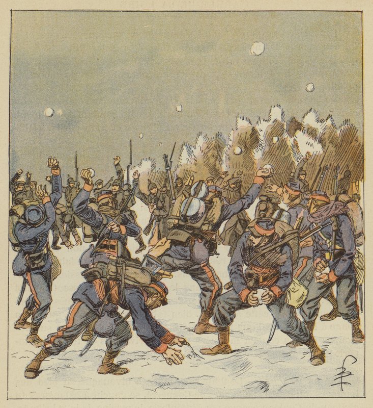 Molempien armeijoiden sotilaat taistelevat lumipalloilla tammikuun 11. päivän aamuna tekijältä after Louis Charles Bombled