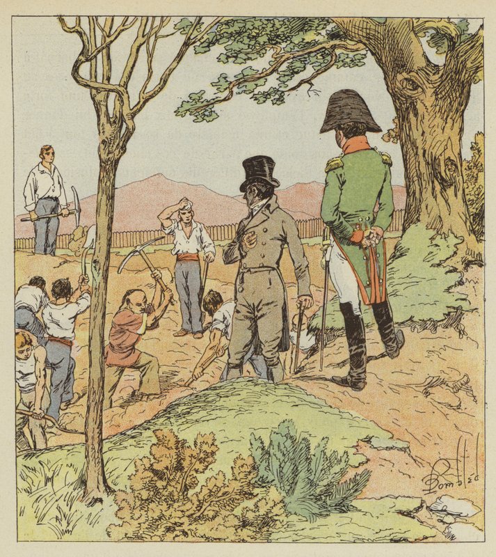 Napoleon tutkii linnoituksia, joita kuvernööri rakentaa Longwoodin ympärille tekijältä after Louis Charles Bombled