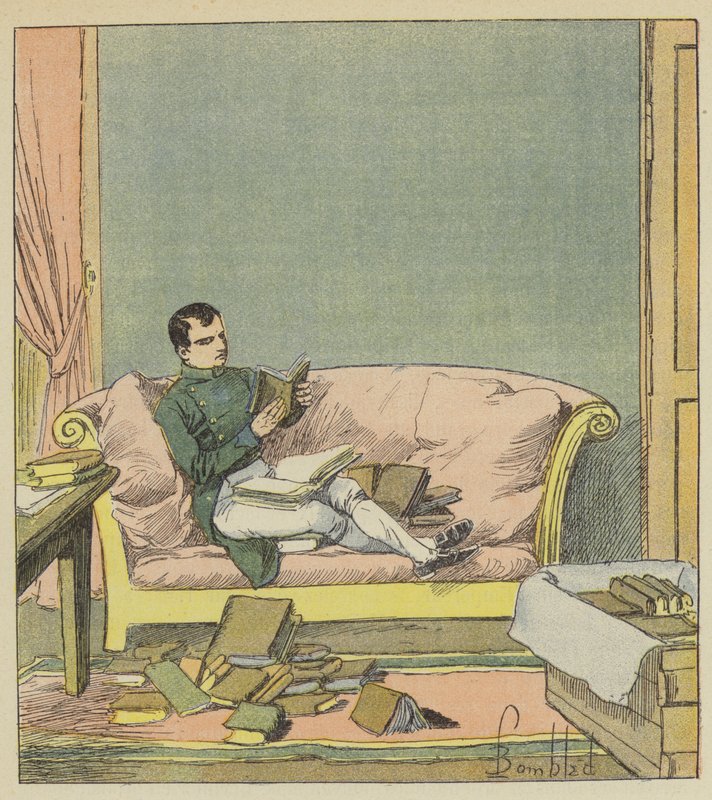 Napoleon lukee kirjoja, jotka on juuri lähetetty hänelle tekijältä after Louis Charles Bombled